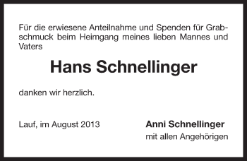 Traueranzeige von Hans Schnellinger von Pegnitz-Zeitung